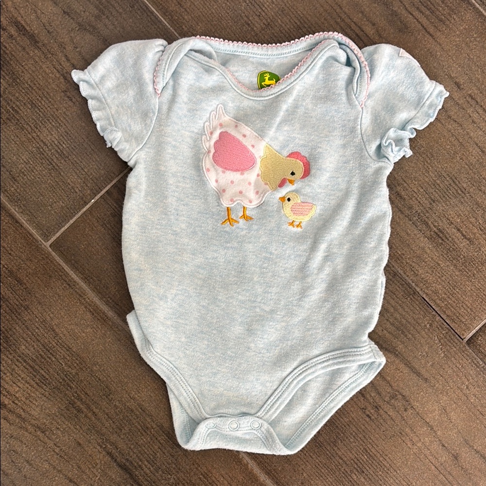 John Deere Chicken and Chick Baby Onesie. Perfect for Easter. Size 6-9 Months